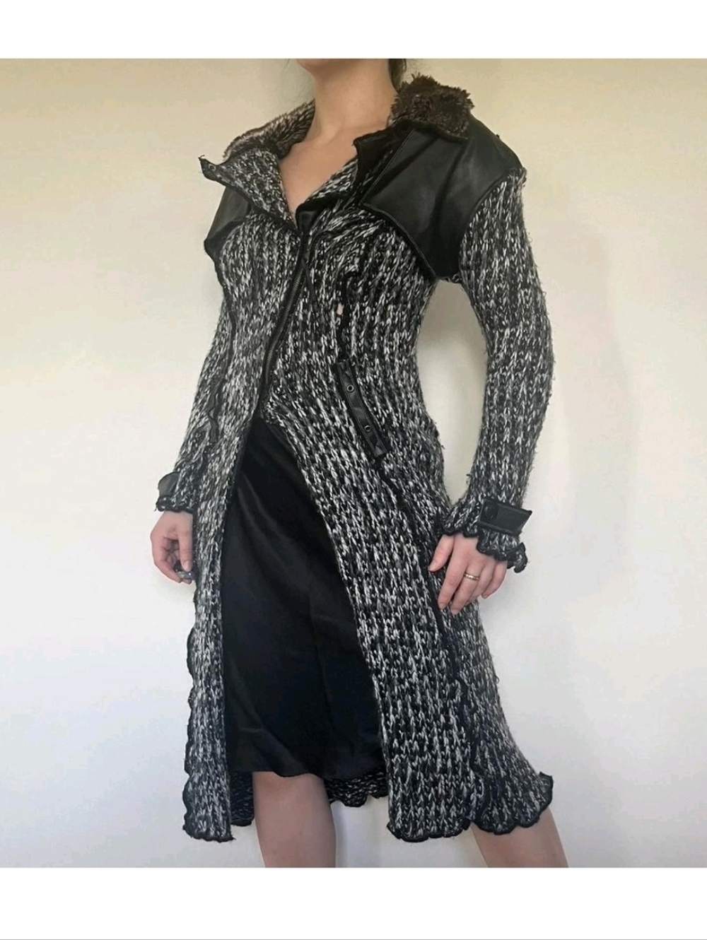 Vintage french designer Zone Bleue wool blend knit cardigan trench coat Size M